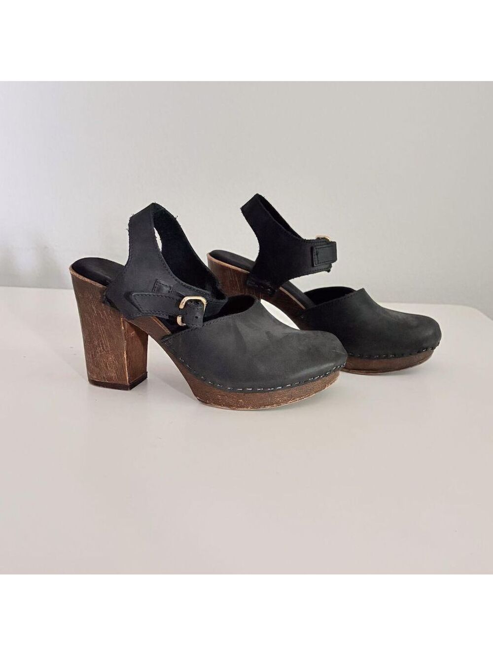Faux Wooden Clogs Slingback Platform Heel Charcoal Black Size 6